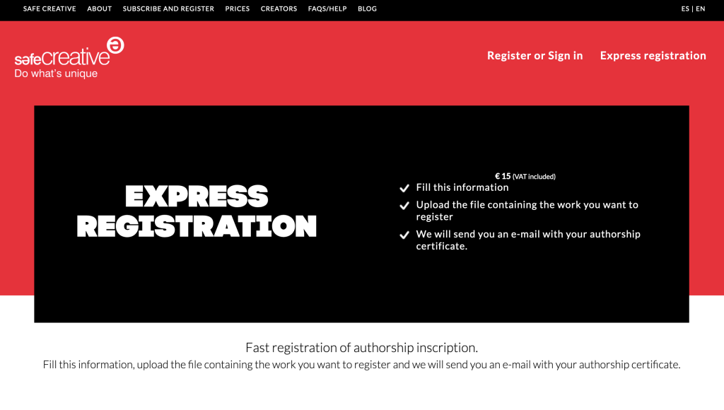 Express registration at Safe Creative

