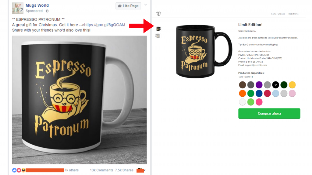 Anuncio taza "Espresso Patronum" en Facebook con link a Teechip