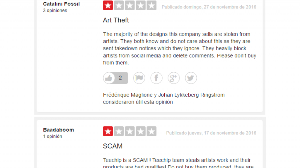Screencaps: Negative reviews about TeeChip