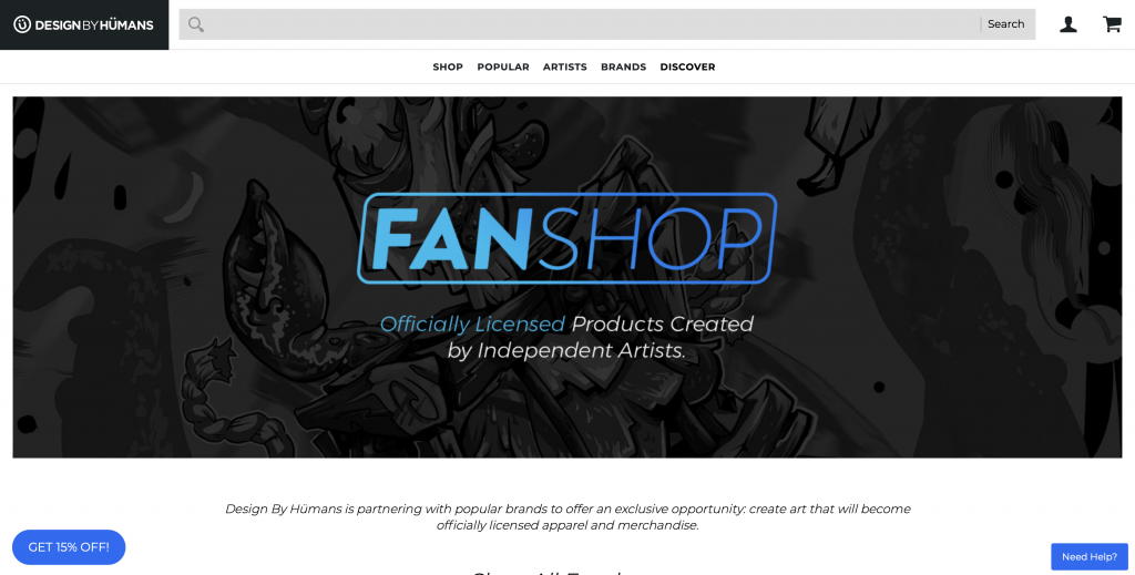 Captura de pantalla de la página de Fan Shops en DesignByHumans